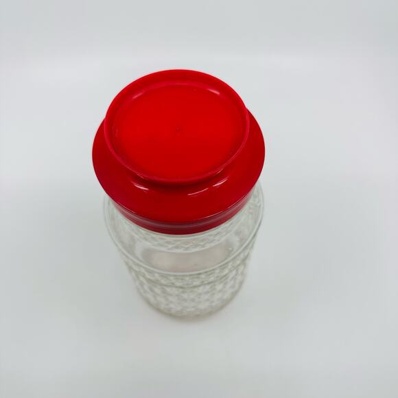 Vintage Anchor Hocking Glass Canister Jar Wexford Quilt Pattern With Red Lid - Picture 3 of 7